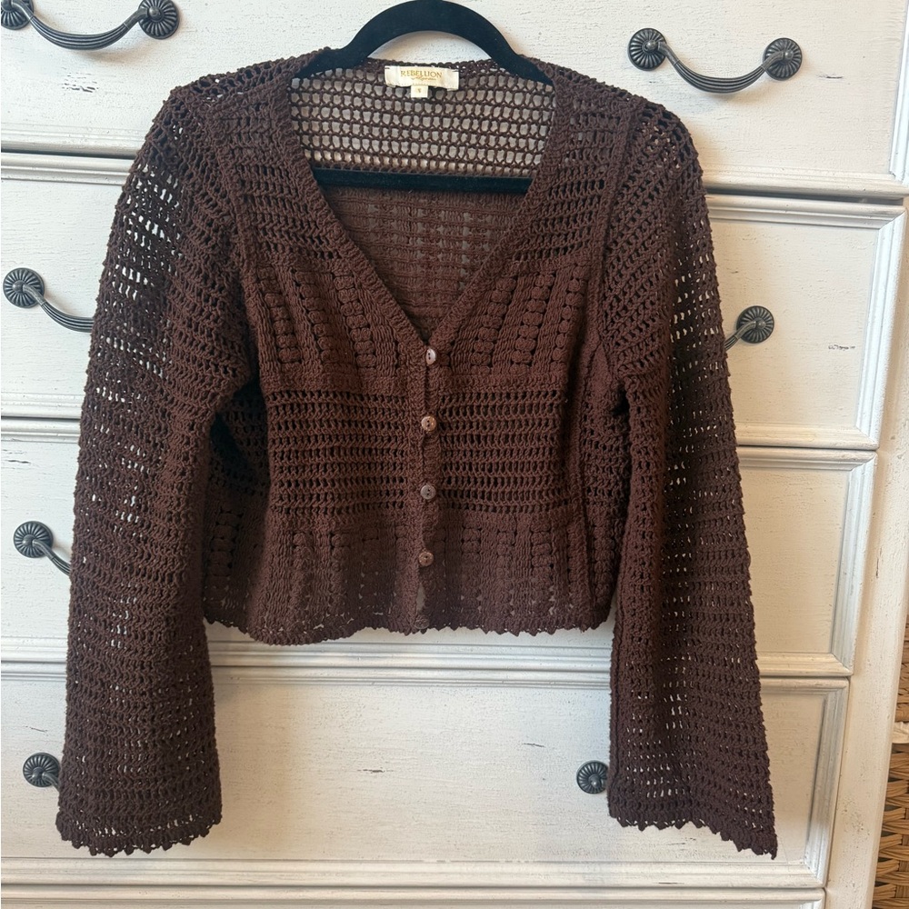 Rebellion Brown Crochet Button-Front Women's Cardigan